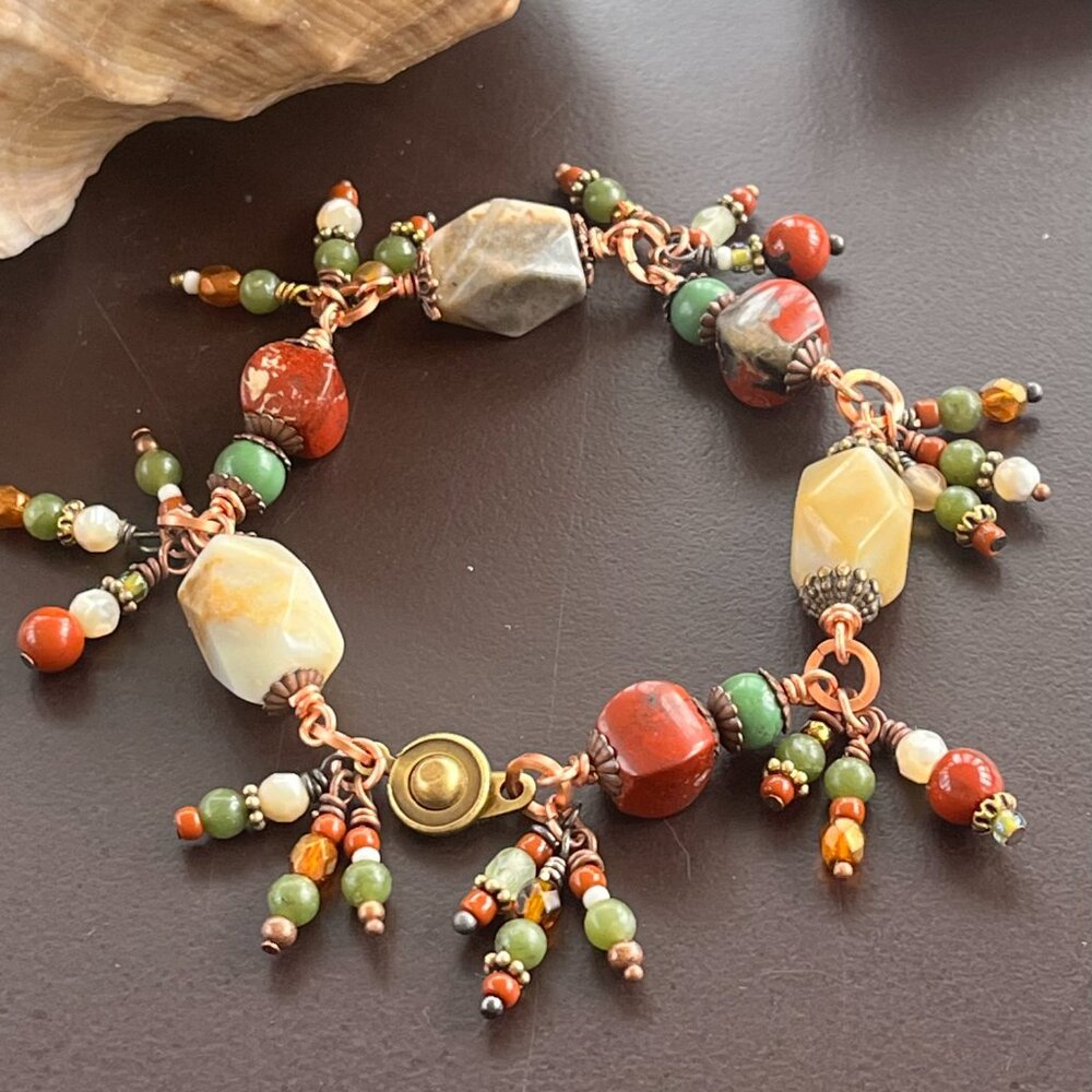 Boho Gemstone Bracelet, Jasper, Agate, Turquoise Jewelry, Handcrafted Wire Wrap - Picture 6 of 9